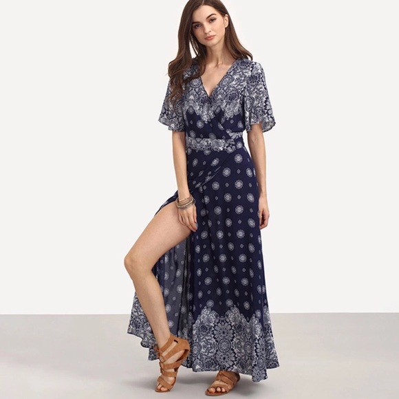 💥 Boho Floral Short Split Sleeve Wrap Maxi Dress - Picture 3 of 5
